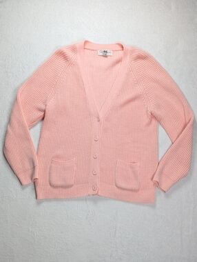 Vintage The Bay Pink Shaker Knit Button Front Pockets Cardigan Sz L